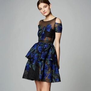 Marchesa Notte Navy Floral Cold Shoulder Dress NWOT Size 2 DESIGNER SHEER